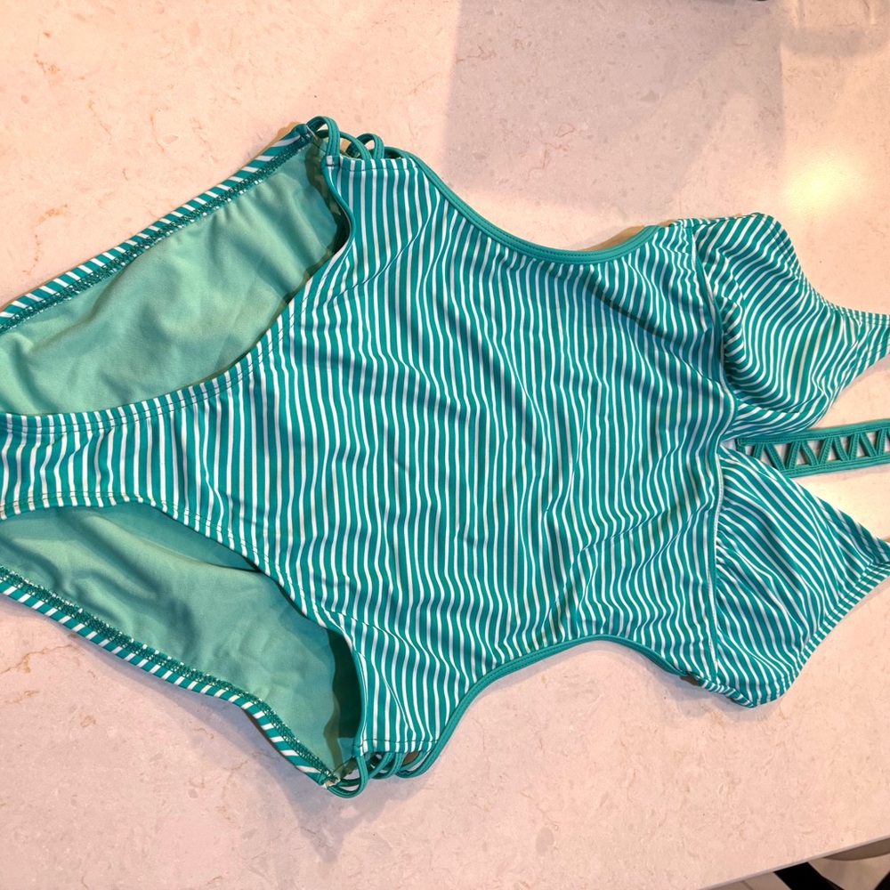 Athleta Teal Striped One Piece Swimsuit - Picture 3 of 4
